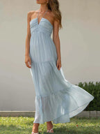 Floral Print Halter Deep V-Neck Empire Waist Tiered Maxi Dress