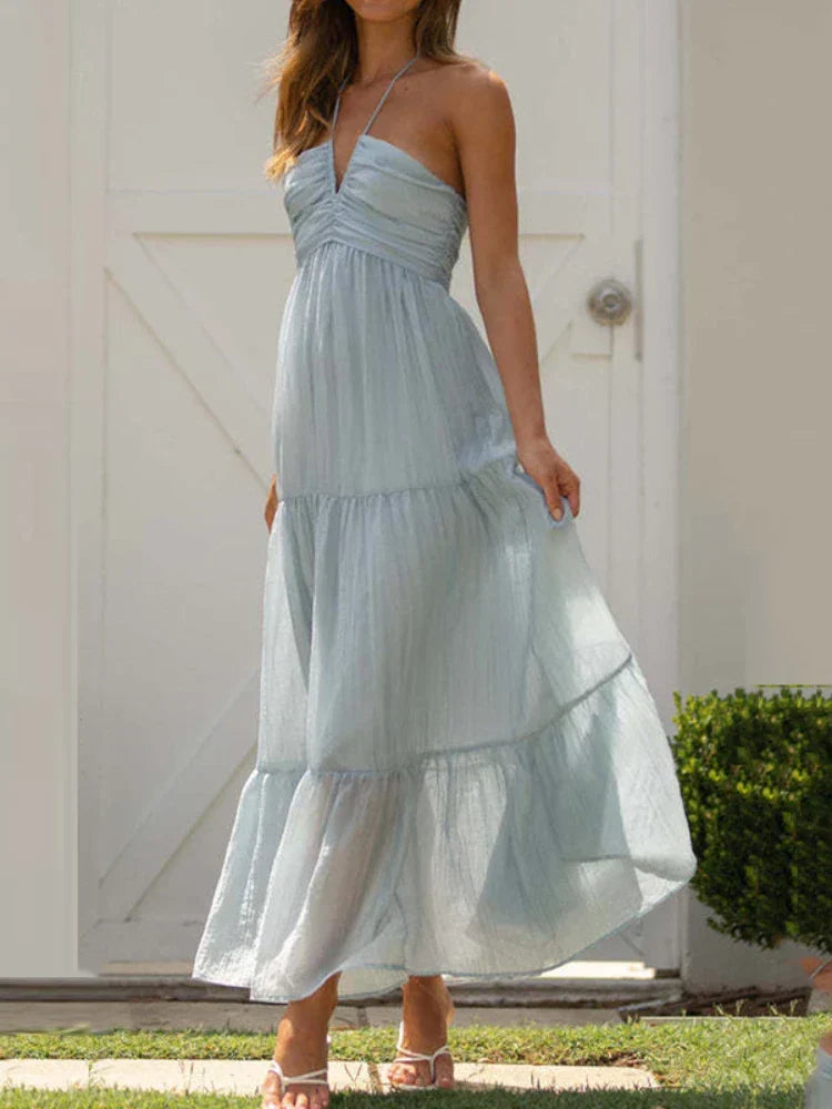 Floral Print Halter Deep V-Neck Empire Waist Tiered Maxi Dress