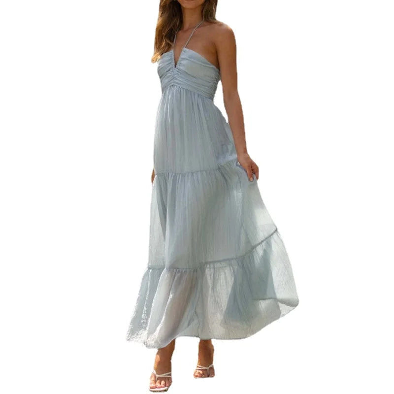 Floral Print Halter Deep V-Neck Empire Waist Tiered Maxi Dress