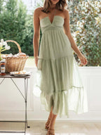 Floral Print Halter Deep V-Neck Empire Waist Tiered Maxi Dress