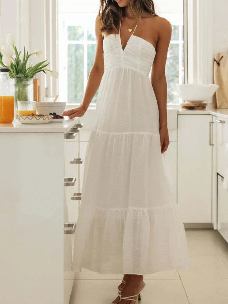 Floral Print Halter Deep V-Neck Empire Waist Tiered Maxi Dress