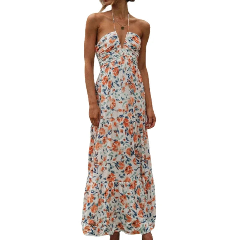 Floral Print Halter Deep V-Neck Empire Waist Tiered Maxi Dress
