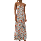 Floral Print Halter Deep V-Neck Empire Waist Tiered Maxi Dress