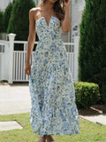 Floral Print Halter Deep V-Neck Empire Waist Tiered Maxi Dress