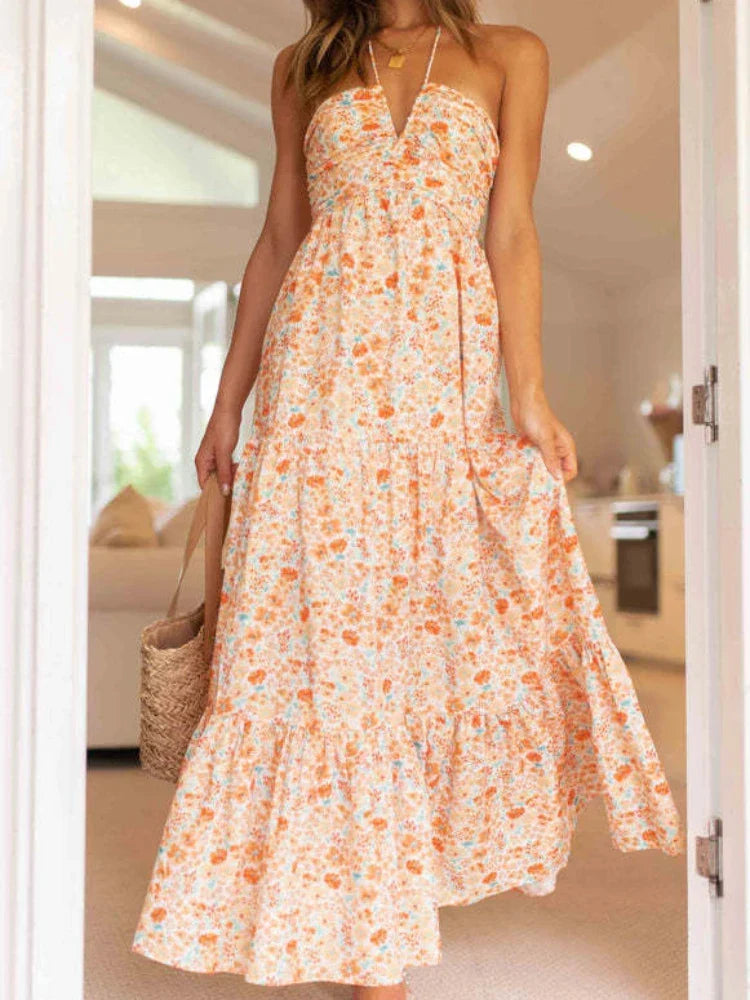 Floral Print Halter Deep V-Neck Empire Waist Tiered Maxi Dress