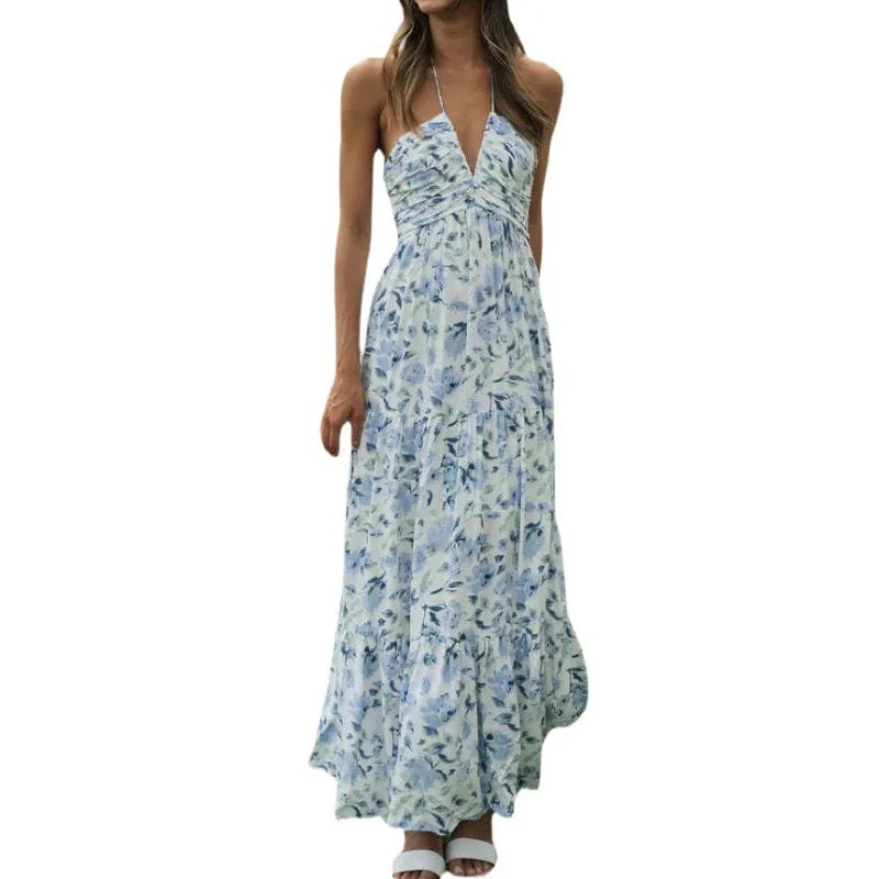 Floral Print Halter Deep V-Neck Empire Waist Tiered Maxi Dress