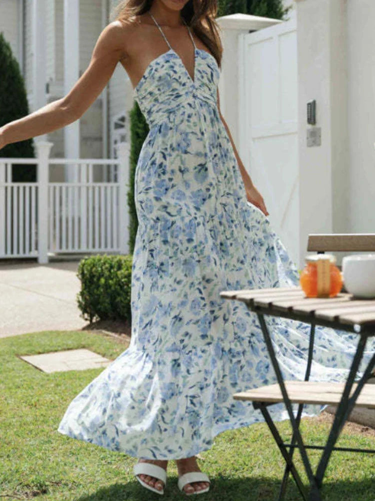 Floral Print Halter Deep V-Neck Empire Waist Tiered Maxi Dress