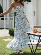 Floral Print Halter Deep V-Neck Empire Waist Tiered Maxi Dress