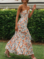 Floral Print Halter Deep V-Neck Empire Waist Tiered Maxi Dress