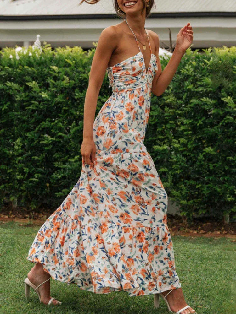 Floral Print Halter Deep V-Neck Empire Waist Tiered Maxi Dress