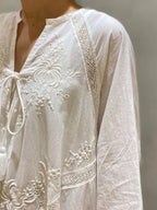 Deep V-Neck Tassel Tie Lace Panel Embroidered Wide Sleeve Boho Maxi Dress