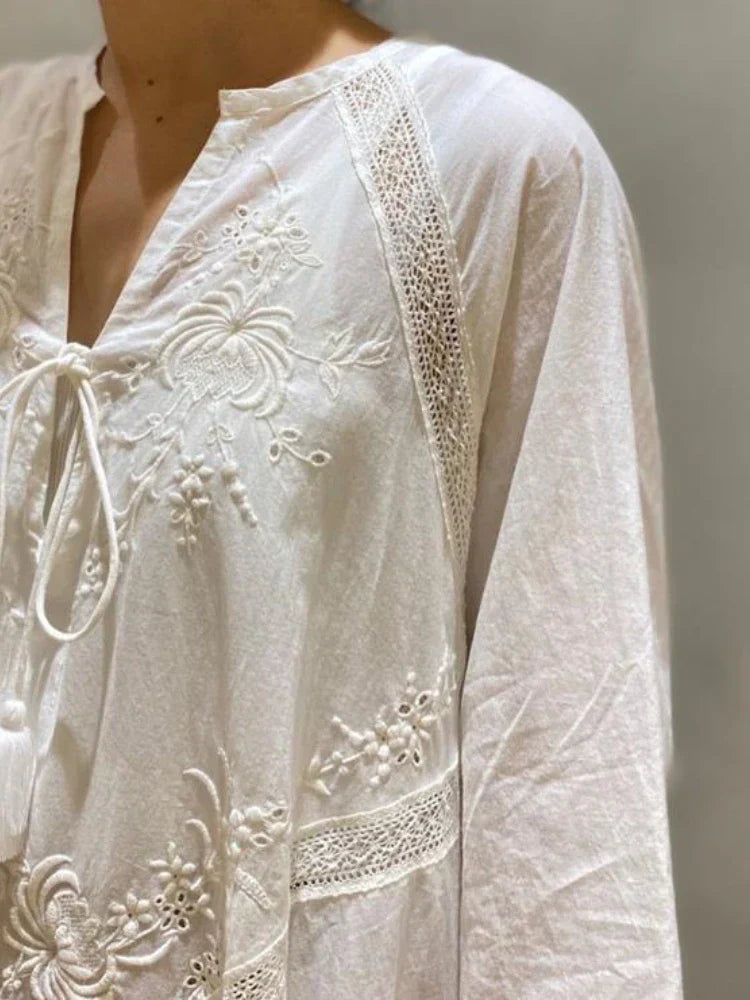 Deep V-Neck Tassel Tie Lace Panel Embroidered Wide Sleeve Boho Maxi Dress