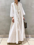 Deep V-Neck Tassel Tie Lace Panel Embroidered Wide Sleeve Boho Maxi Dress