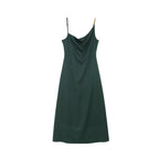 Cowl Neck Spaghetti Strap Pleated Satin Slip Midi Dress