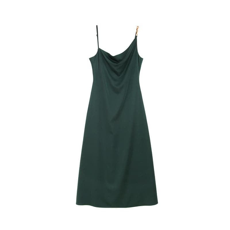 Cowl Neck Spaghetti Strap Pleated Satin Slip Midi Dress