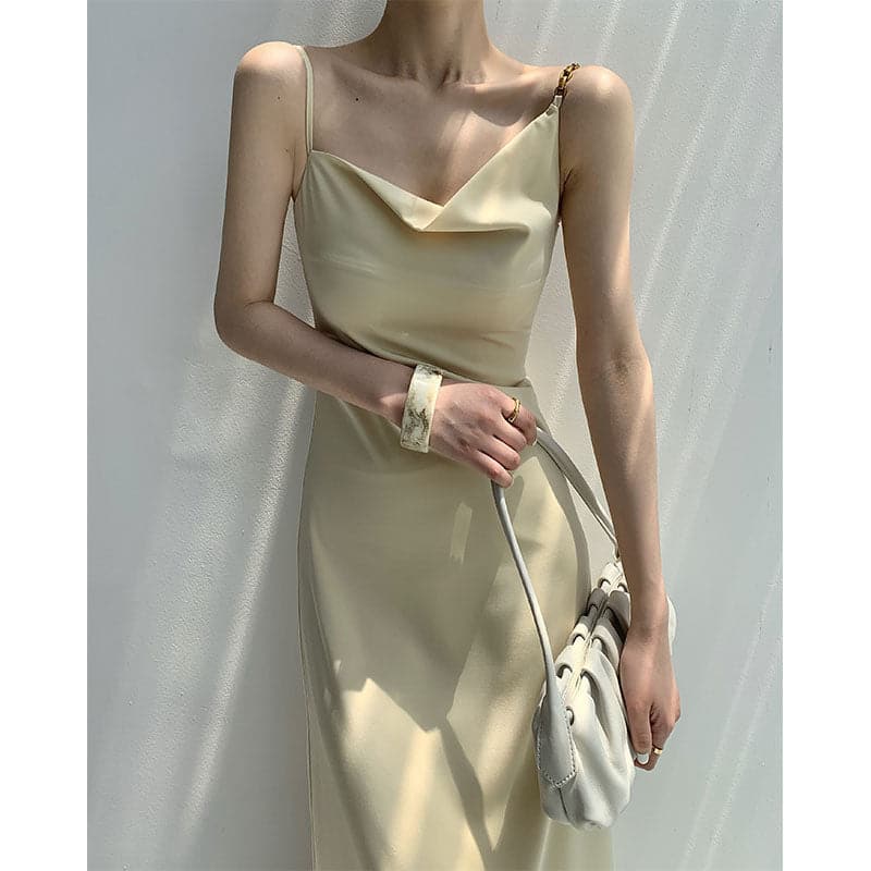 Cowl Neck Spaghetti Strap Pleated Satin Slip Midi Dress