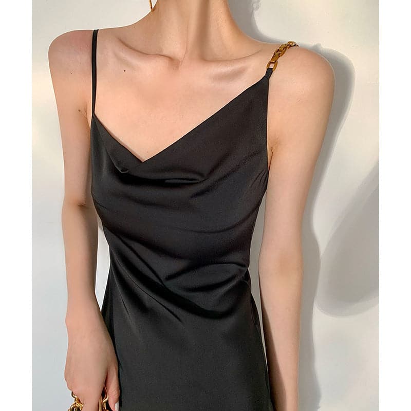 Cowl Neck Spaghetti Strap Pleated Satin Slip Midi Dress