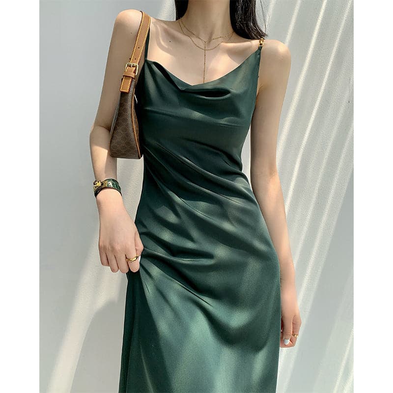 Cowl Neck Spaghetti Strap Pleated Satin Slip Midi Dress