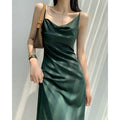 Cowl Neck Spaghetti Strap Pleated Satin Slip Midi Dress