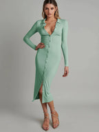 Ribbed Knit Polo Collar Button Front Long Sleeve Bodycon Midi Dress