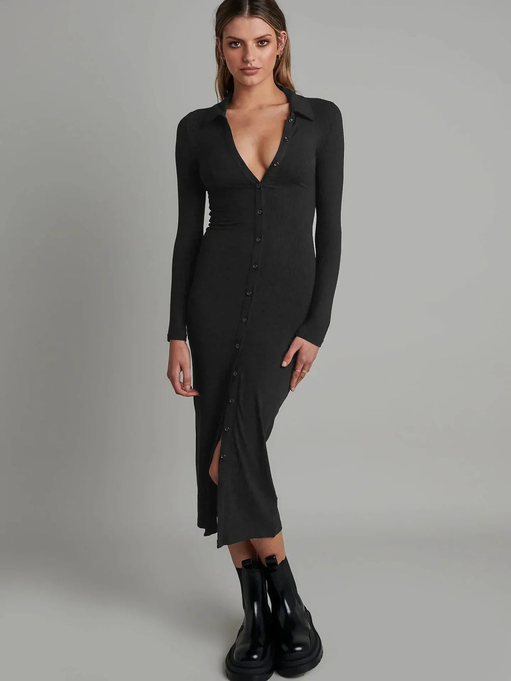 Ribbed Knit Polo Collar Button Front Long Sleeve Bodycon Midi Dress