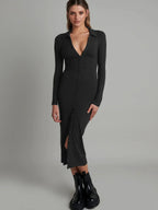 Ribbed Knit Polo Collar Button Front Long Sleeve Bodycon Midi Dress