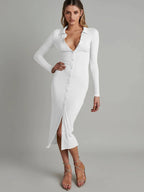 Ribbed Knit Polo Collar Button Front Long Sleeve Bodycon Midi Dress