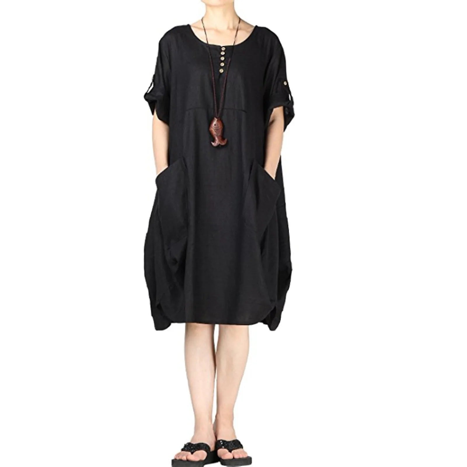 Round Neck Button Placket Patch Pocket Relaxed Fit Midi T-Shirt Dress