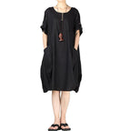 Round Neck Button Placket Patch Pocket Relaxed Fit Midi T-Shirt Dress