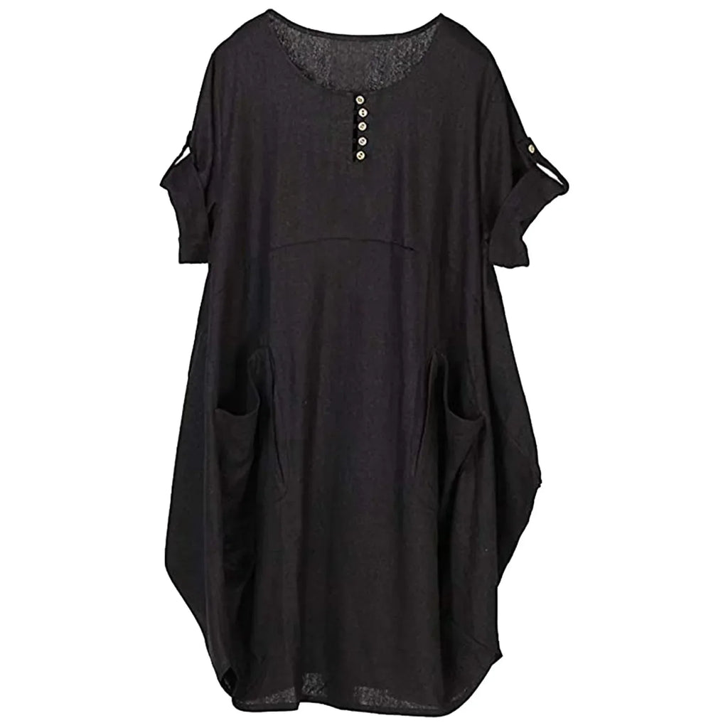 Round Neck Button Placket Patch Pocket Relaxed Fit Midi T-Shirt Dress