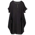 Round Neck Button Placket Patch Pocket Relaxed Fit Midi T-Shirt Dress