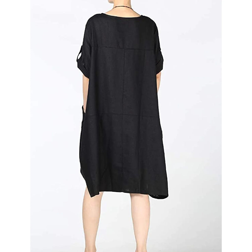 Round Neck Button Placket Patch Pocket Relaxed Fit Midi T-Shirt Dress