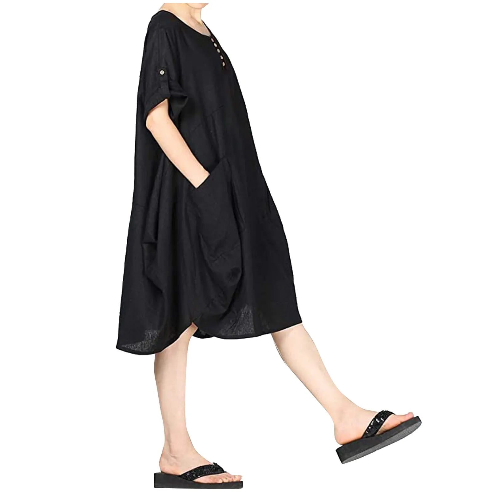 Round Neck Button Placket Patch Pocket Relaxed Fit Midi T-Shirt Dress