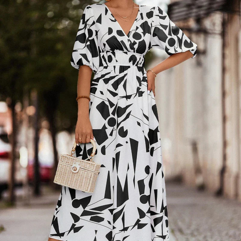 Abstract Geometric Print V-Neck Puff Sleeve Tie Waist Maxi Dress