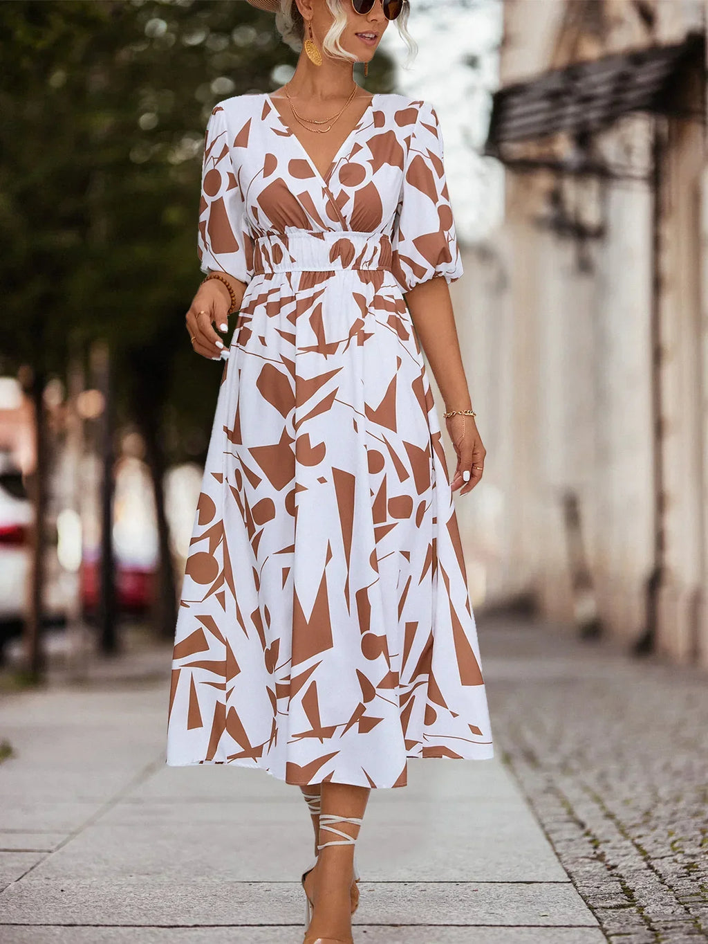 Abstract Geometric Print V-Neck Puff Sleeve Tie Waist Maxi Dress
