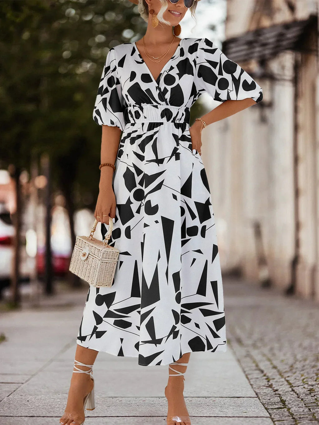 Abstract Geometric Print V-Neck Puff Sleeve Tie Waist Maxi Dress