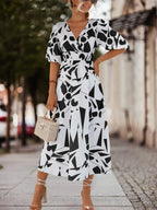 Abstract Geometric Print V-Neck Puff Sleeve Tie Waist Maxi Dress