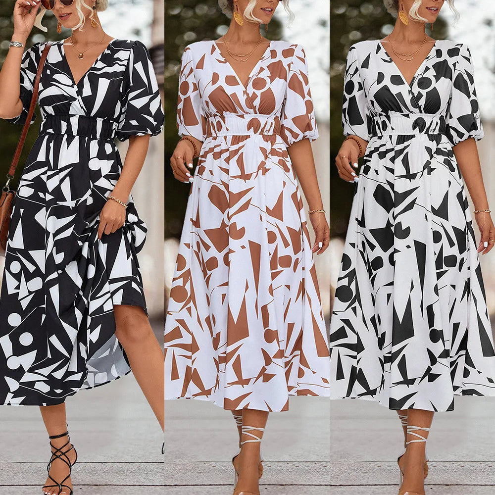 Abstract Geometric Print V-Neck Puff Sleeve Tie Waist Maxi Dress