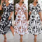 Abstract Geometric Print V-Neck Puff Sleeve Tie Waist Maxi Dress
