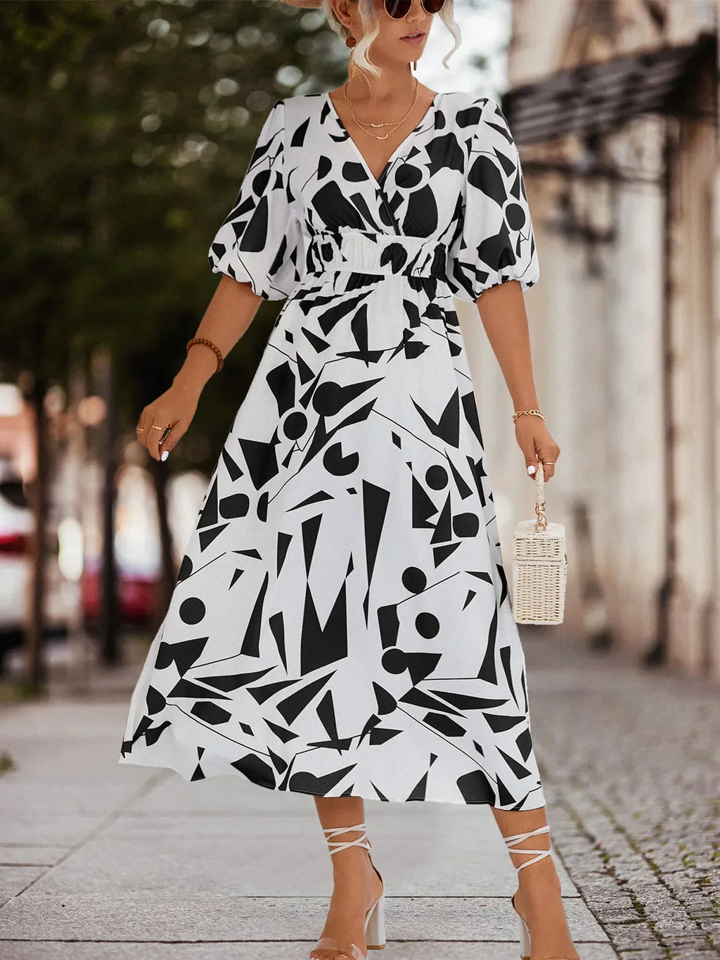 Abstract Geometric Print V-Neck Puff Sleeve Tie Waist Maxi Dress