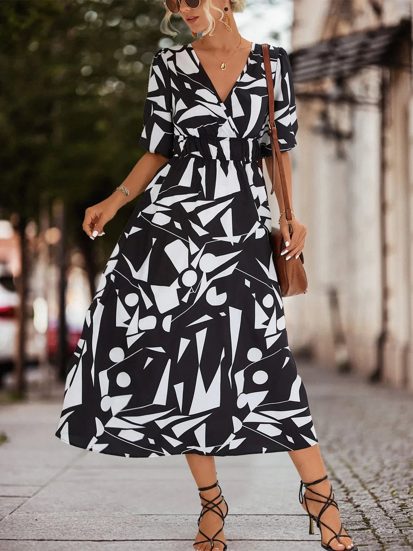 Abstract Geometric Print V-Neck Puff Sleeve Tie Waist Maxi Dress
