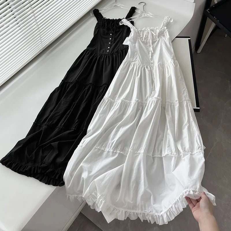 Square Neck Button Front Tiered Milkmaid Maxi Dress