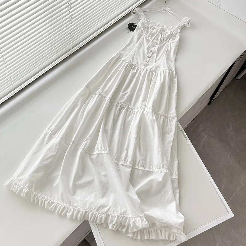 Square Neck Button Front Tiered Milkmaid Maxi Dress