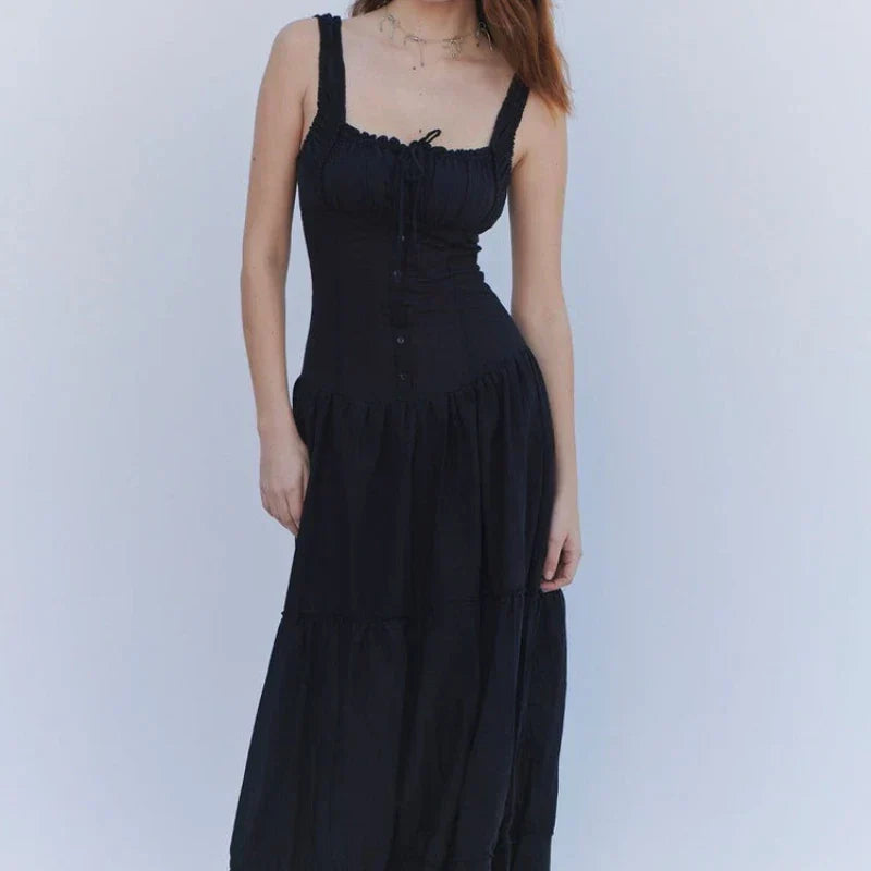 Square Neck Button Front Tiered Milkmaid Maxi Dress