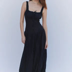 Square Neck Button Front Tiered Milkmaid Maxi Dress