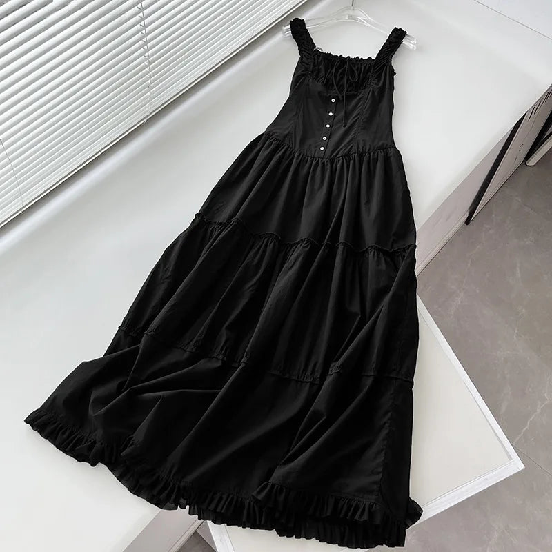 Square Neck Button Front Tiered Milkmaid Maxi Dress
