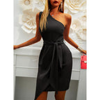 One Shoulder Wrap Tie Waist Draped Tulip Hem Midi Dress