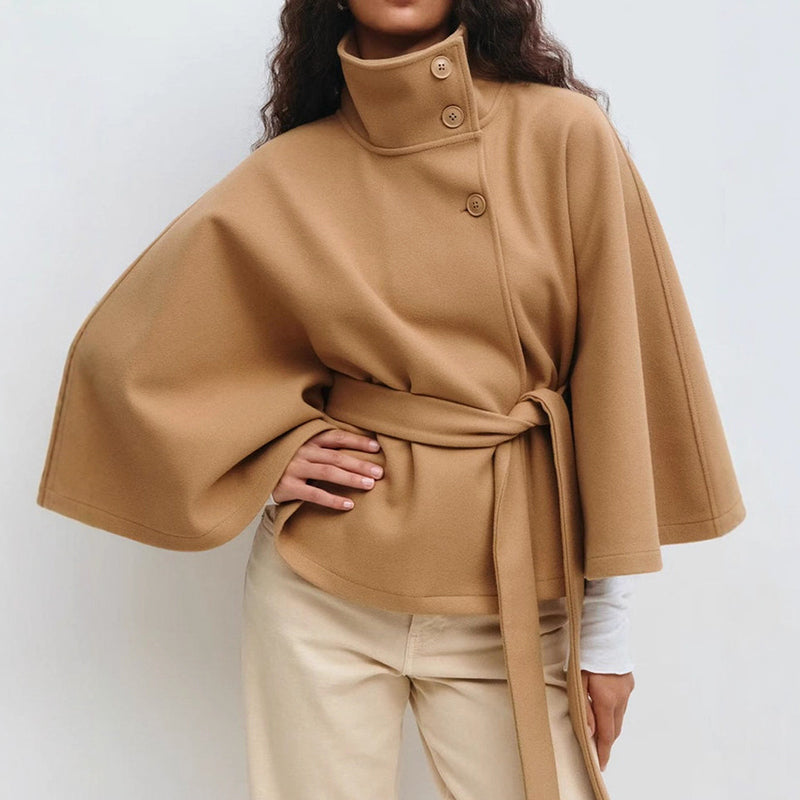 Women__ Belted Cape Coat with Wide Sleeves
