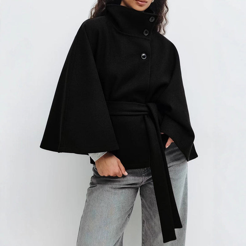 Women__ Belted Cape Coat with Wide Sleeves