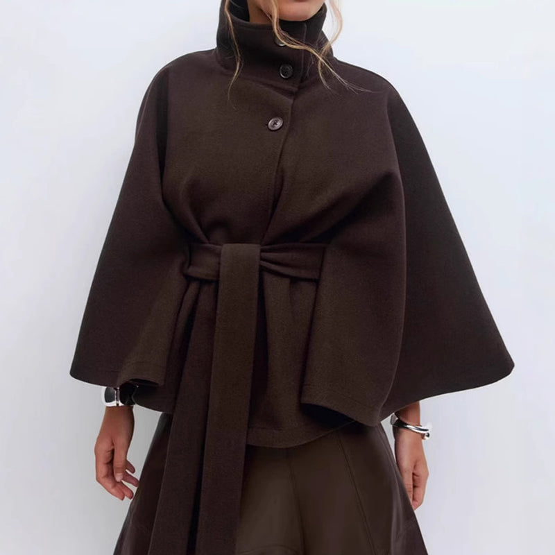 Women__ Belted Cape Coat with Wide Sleeves